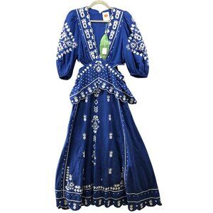 FARM Rio Blue and White Embroidered Midi Dress
